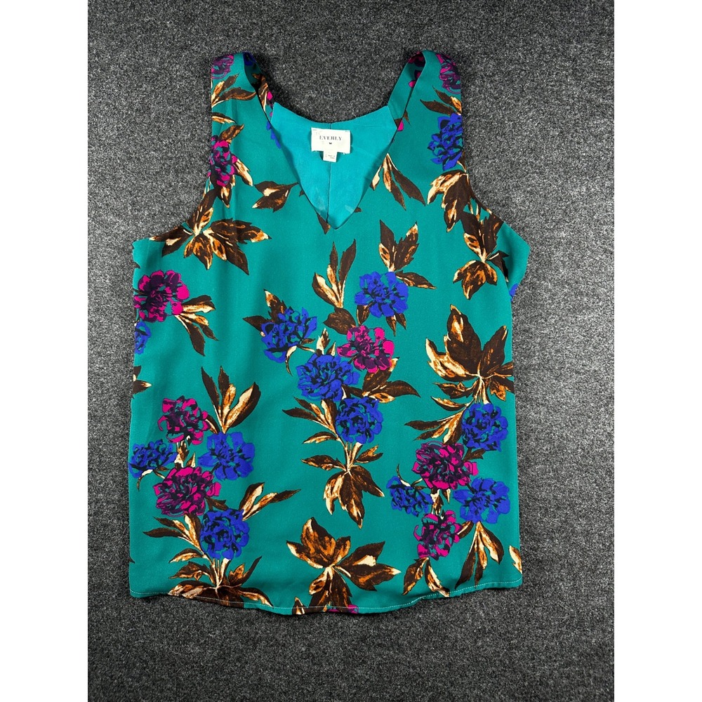 Everly Teal Green Floral V-Neck Pleated Back Sleeveless Blouse Top Large T10369D